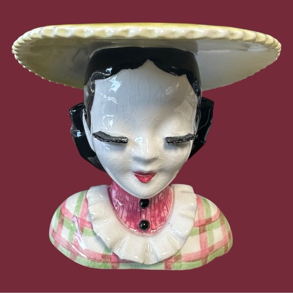 Vintage Lady Head Vase in Wide Brimmed Yellow Sunhat - Picture 3 of 13